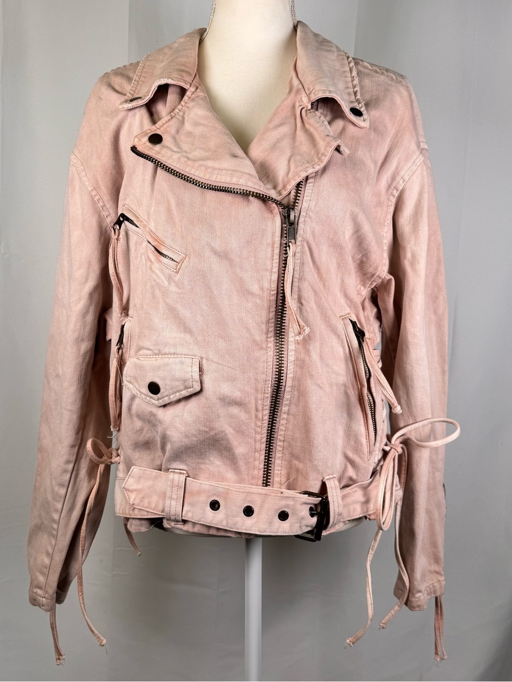 Free People Pink Lace Up Moto Jacket Distressed Biker Small
